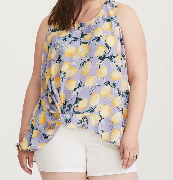 torrid Tops - Torrid Lemon Print Tank Top Size 1X Purple Georgette Ruffle High Low Hem Keyhole